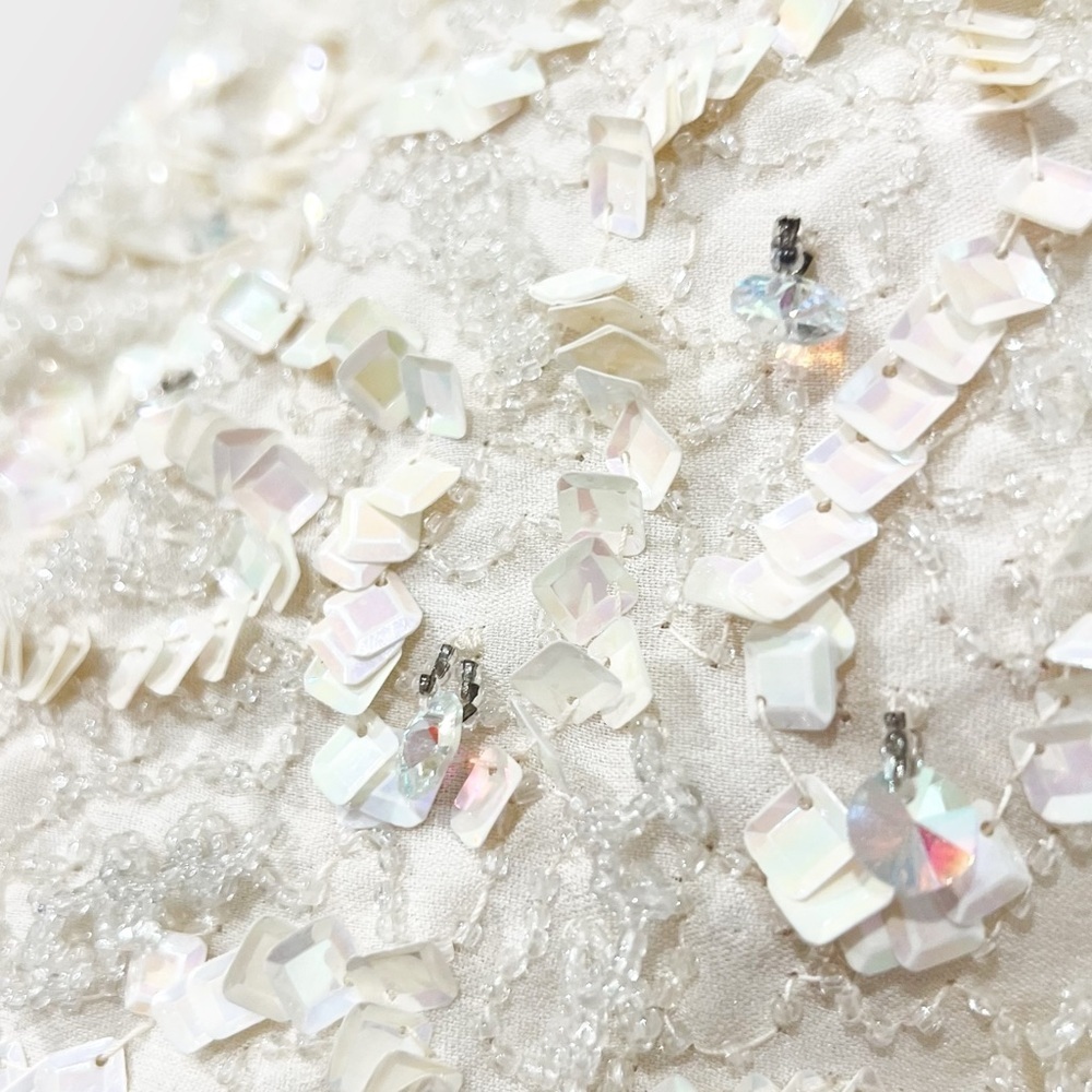 SAKS FIFTH AVENUE Vintage Sequin Crystal Embellished Ivory Bridal Bow Dress - Picture 4 of 9